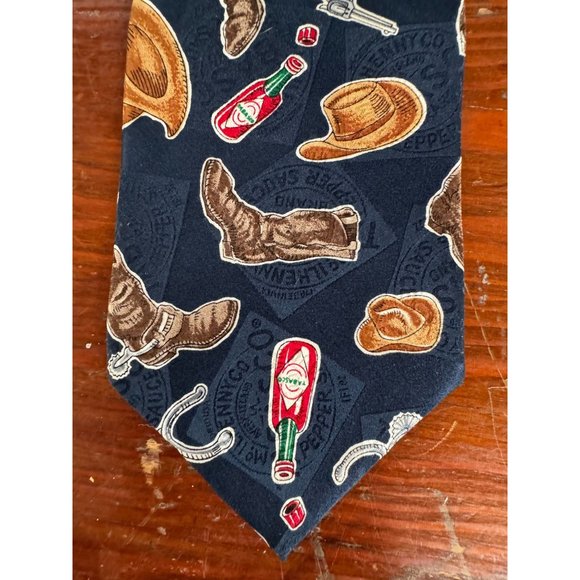 Tabasco Western Wear and Tabasco Bottles Tie OS Blue Western Cowboy Silk - Picture 3 of 16